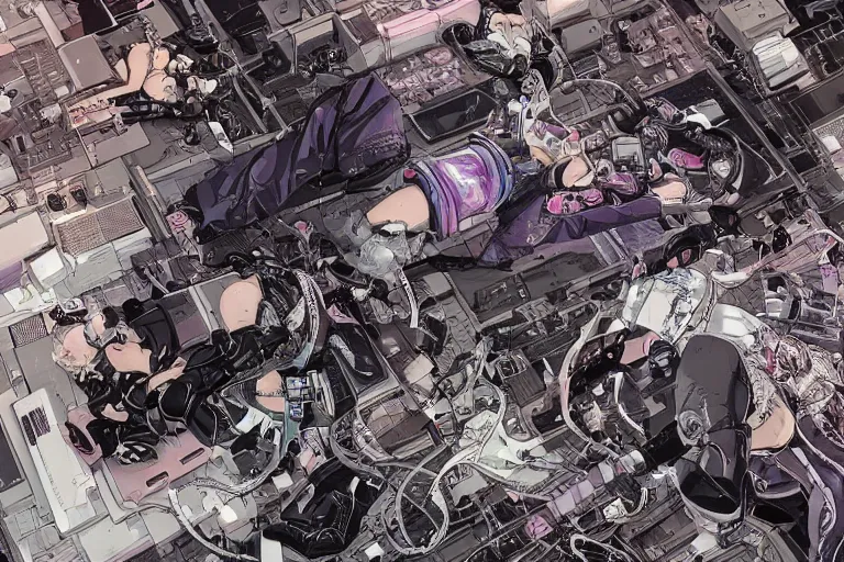 Image similar to a cyberpunk illustration of a group of female androids in style of masamune shirow, lying on an abstract, empty, white floor with their body parts scattered around in various poses and cables and wires coming out, by yukito kishiro and katsuhiro otomo, hyper-detailed, intricate, view from above