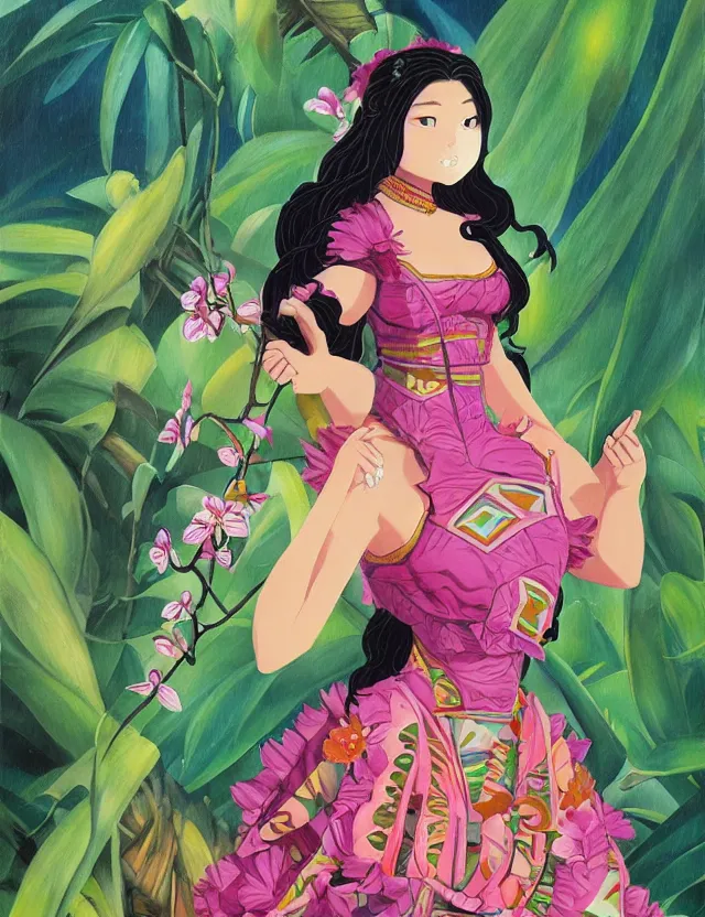 Prompt: plump aztec scifi princess of the orchid rainforest, wearing a lovely dress. this oil painting by the award - winning mangaka has an interesting color scheme, plenty of details and impeccable lighting.