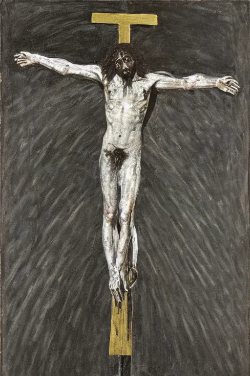 Image similar to bloody jesus christ crucified with a ufo of light above him painted by cy twombly and andy warhol