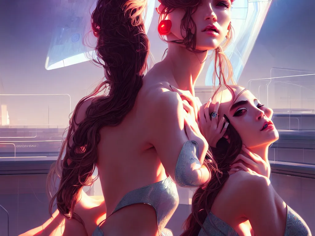 Image similar to portrait futuristic spain model girl, beautiful body, at future neon light rooftop, ssci - fi and fantasy, intricate and very very beautiful and elegant, highly detailed, digital painting, artstation, concept art, smooth and sharp focus, illustration, art by tan zi and ayanamikodon and alphonse mucha and wlop