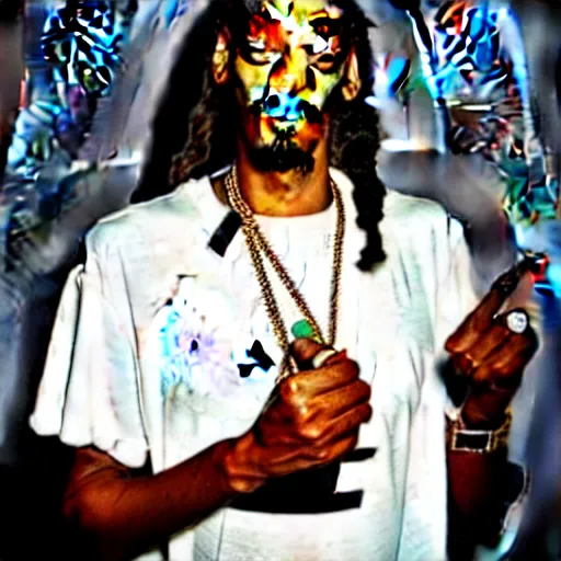 Image similar to Snoop Dog with big eyes eye color red , smiling and holding a joint in his hand