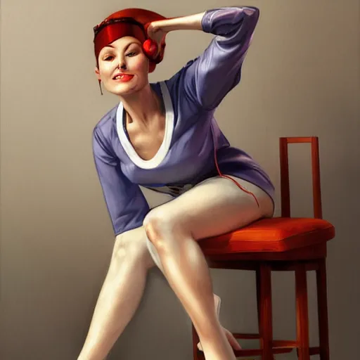 Image similar to portrait of a nurse on a stool, expressive pose, futuristic, highly detailed, digital painting, artstation, concept art, smooth, sharp focus, by Alberto Vargas