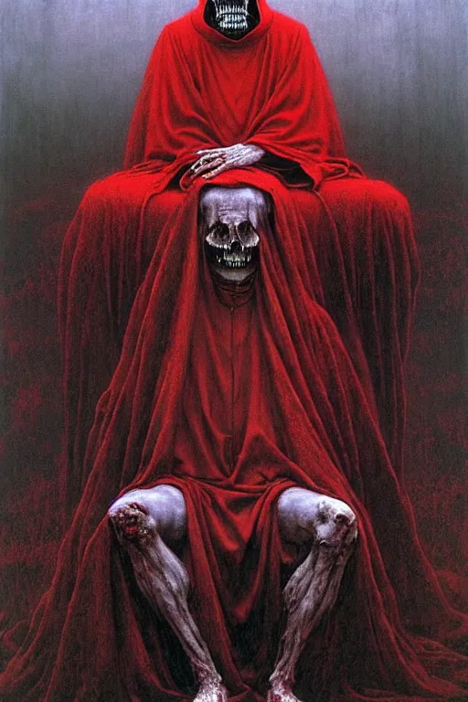 Prompt: a priest with no face, wearing red robes, sits on a throne of bones, gothic horror, surrealism Part Beksinski painting, part by Adrian Ghenie and Gerhard Richter, part by Takato Yamamoto. 8k masterpiece