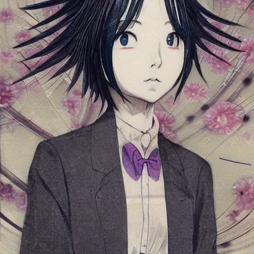 Image similar to yoshitaka amano blurred and dreamy realistic illustration of a young japanese woman in anime style with black eyes, wavy white hair fluttering in the wind wearing dress suit with tie, junji ito abstract patterns in the background, satoshi kon anime, noisy film grain effect, highly detailed, renaissance oil painting, weird portrait angle, blurred lost edges, three quarter view