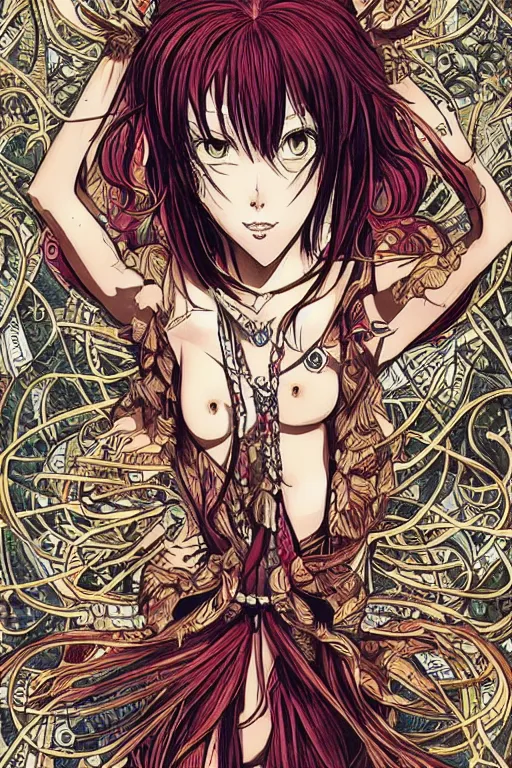 Image similar to makise kurisu, intricate, amazing line work, colorful, tarot cards, the devil tarot card