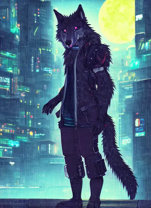 Image similar to character portrait of a male anthro wolf fursona with a tail and a cute beautiful attractive detailed furry face wearing stylish cyberpunk clothes in a cyberpunk city at night while it rains. hidari, color page, tankoban, 4K, tone mapping, Akihiko Yoshida.