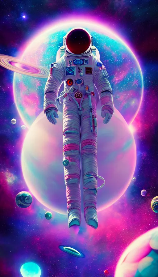 Image similar to a beautiful psychodelic astronaut, universe in the background, planets, sky, dream, highly detailed, digital painting, refreshing, trending on artstation, octane render, hyper - realistic, illustration by james jean