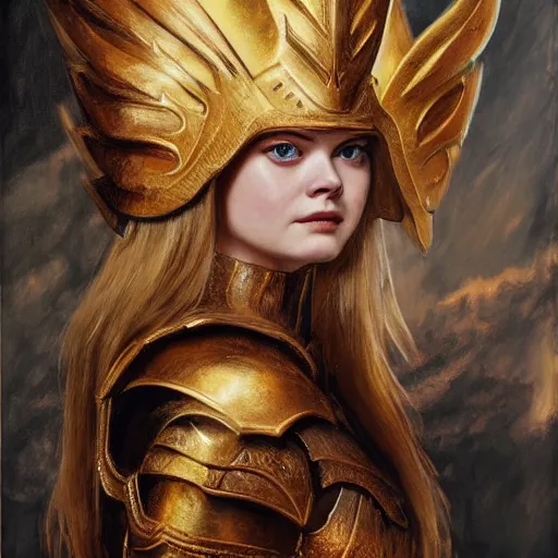 Image similar to ultra realistic medium shot portrait painting of elle fanning wearing golden valkyrie armor, art by frank frazetta, 4 k, ultra realistic, highly detailed, epic lighting