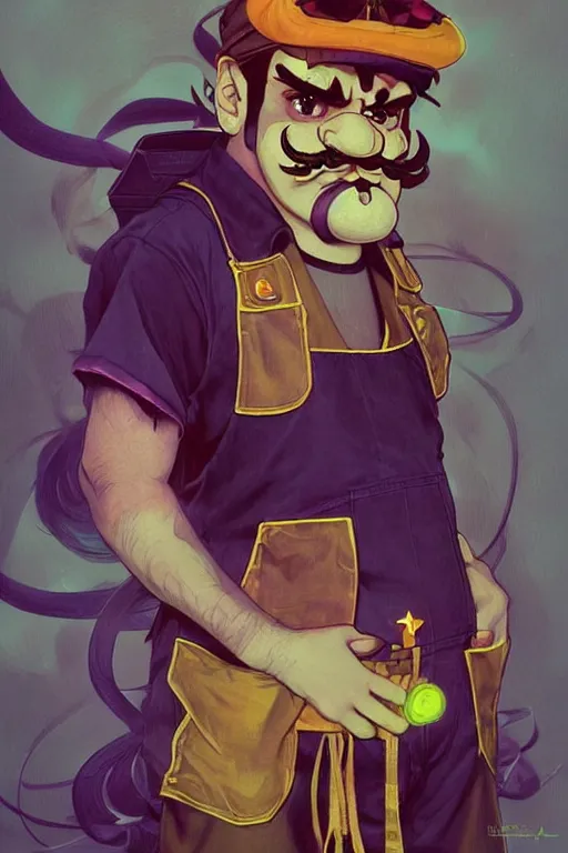 Image similar to portrait of Wario from WarioWare, dreamy and ethereal, overalls, chaotic, elegant, highly detailed, digital painting, artstation, concept art, smooth, sharp focus, illustration, art by artgerm and greg rutkowski and alphonse mucha