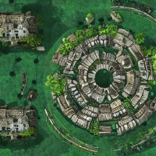 Image similar to a high definition depiction of a village infested by spiral shapes