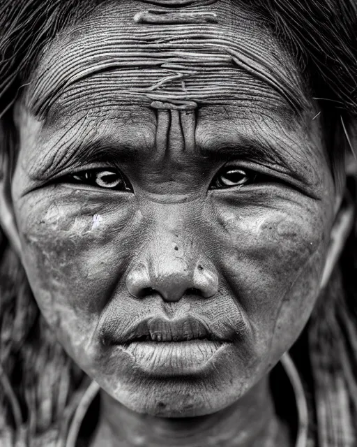 Prompt: Award winning Portrait photo of a Native Myanmarese with hyper-detailed hair and beautiful eyes wearing traditional garb by Lee Jeffries, 85mm ND 5, perfect lighting, gelatin silver process