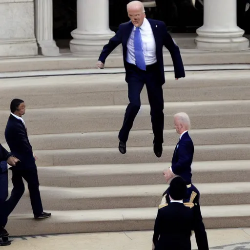 Prompt: Joe Biden trips and falls down the steps