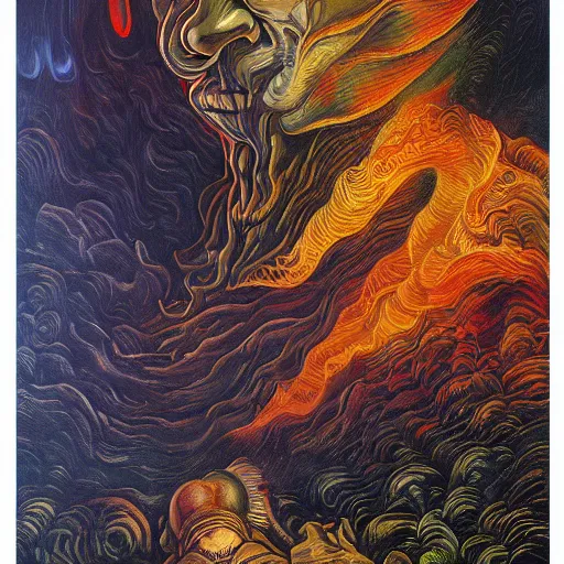 Prompt: god of fire, fog, surreal by dan mumford and umberto boccioni, oil on canvas