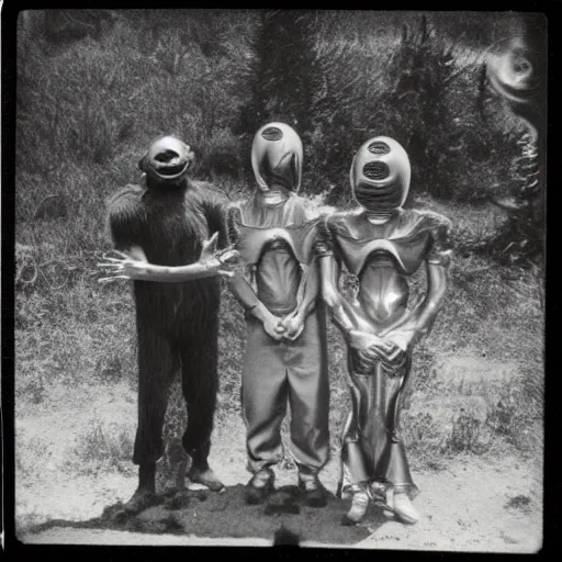 Prompt: polaroid photograph of horrorific extraterrestrial beings visiting earth, 1 9 5 0