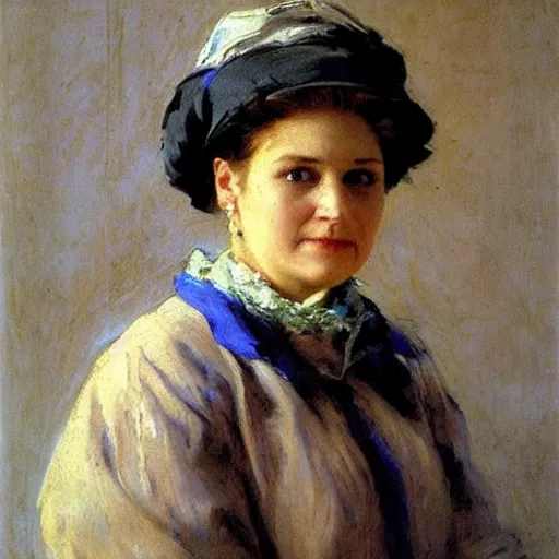 Image similar to Portrait of a stern looking affluent woman, photorealistic, general facial details, wearing a blue bonnet, by Ilya Repin