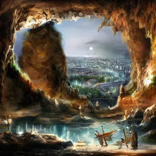 Image similar to the city of Rome but underground in an impossibly large cave,fantasy art,realistic,high quality,detailed