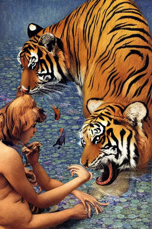 Prompt: a tiger a frog and a duck sharing a drinkby frantisek kupka, intricate, miles johnston, kuroda seiki, cynical realism, ozabu, john william godward, painterly, yoshitaka amano, moebius, miles johnston, louise zhang, james jean, mark ryden