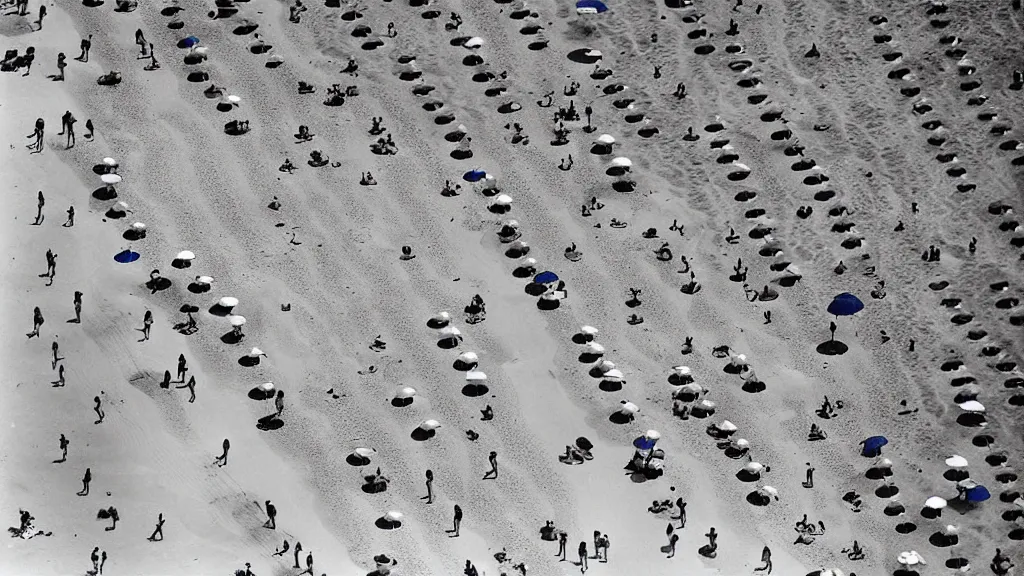 Image similar to photograph beachscapes satellite view imagery, Aerial view of beautiful sandy beach with hundreds of umbrellas and sea, Aerial of a crowded sandy beach with colourful 1970s umbrellas sun bathers and swimmers during summer, golden sand and clear blue sea, by Tommy Clarke and Joshua Jensen-Nagle