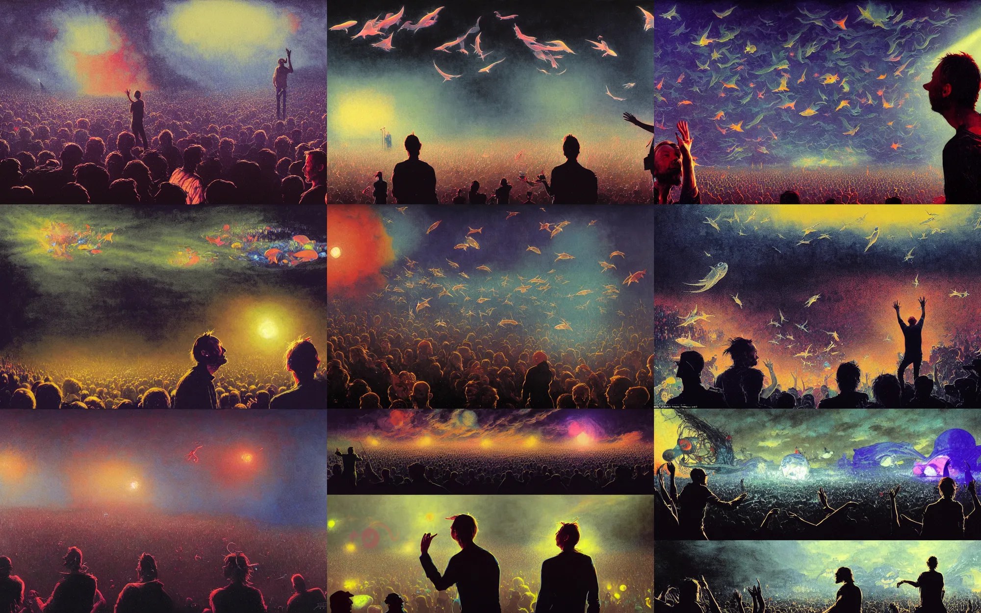 Prompt: thom yorke seeing weird fishes swimming in the air while he plays with radiohead at a festival at sundown, painting by greg rutkowski and thomas kinkade and norman rockwell, low light, volumetric light, audience and crowdsurfing and laser show at a festival in the background, global illumination