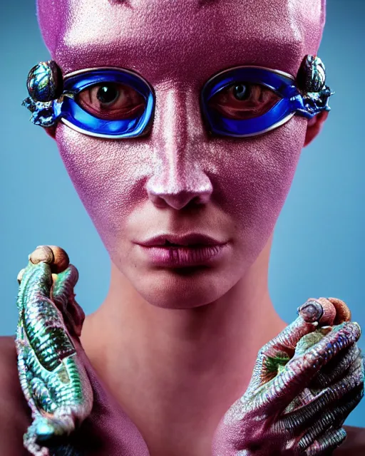 Image similar to natural light, soft focus portrait of a cyberpunk anthropomorphic chameleon with soft synthetic pink skin, blue bioluminescent plastics, smooth shiny metal, elaborate ornate head piece, piercings, skin textures, by annie leibovitz, paul lehr