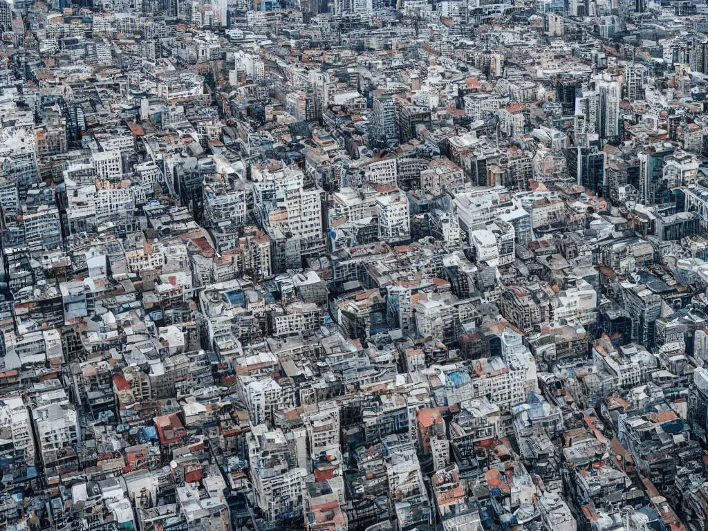 Image similar to drone view of a city, Brutalist architecture, horizon shot, sharp focus, telephoto lens, digital art 4k