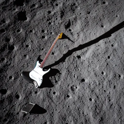 Prompt: photo of a stratocaster electric guitar standing idle on the moon landing. detailed. 8k