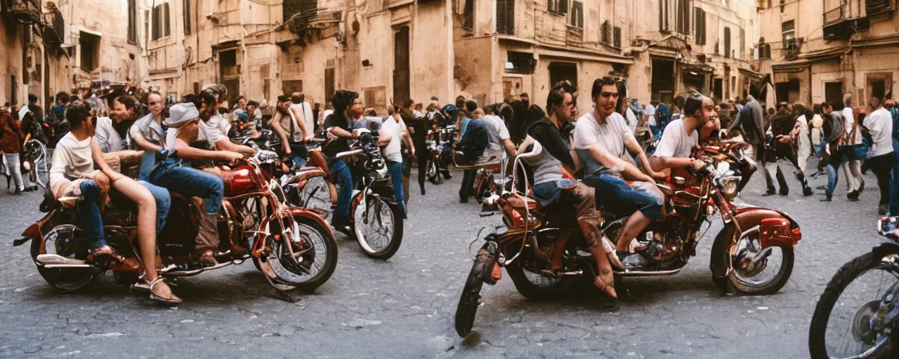 Prompt: a group of people on the streets of rome riding in a motorcycle made of spaghetti, canon 5 0 mm, cinematic lighting, photography, retro, film, kodachrome