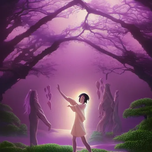 Image similar to Movie poster artwork in purple by Michael Whelan and Yuji Hamada, Rendering of several lovely hearts dancing in a budhist forest, by Makoto Shinkai, Matte painting, trending on artstation and unreal engine