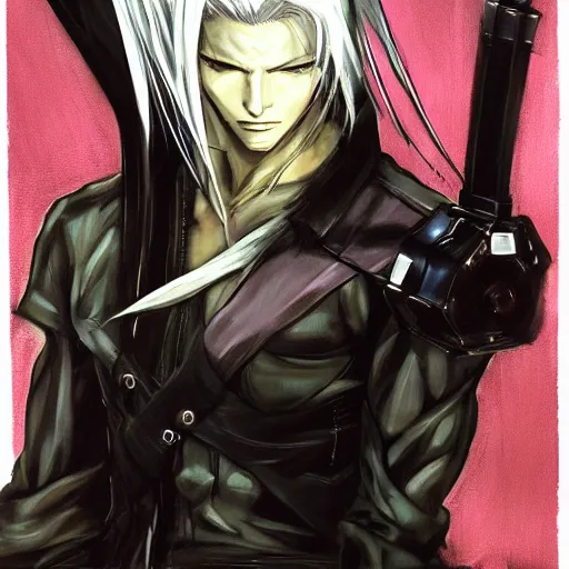 Image similar to a painting of sephiroth by yoji shinkawa, metal gear solid artwork, strong lines and bold colors, limited color palette, atmosphere and tension, japanese, trending on artstation
