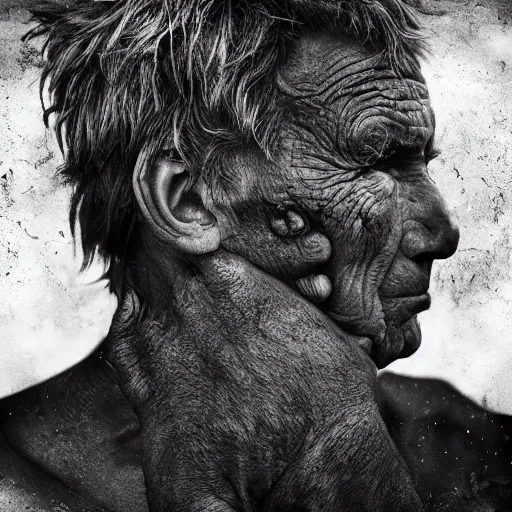 Prompt: A portrait of a beautiful 25th century man beast with an extremely wide face and horns by Lee Jeffries