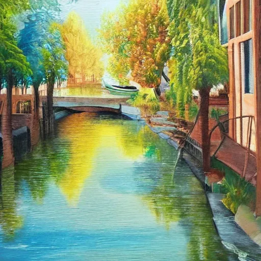 Prompt: Cosy waterway in city of the future in harmony with nature. Nice colour scheme, soft warm colour. Beautiful detailed painting by Lurid. (2022)