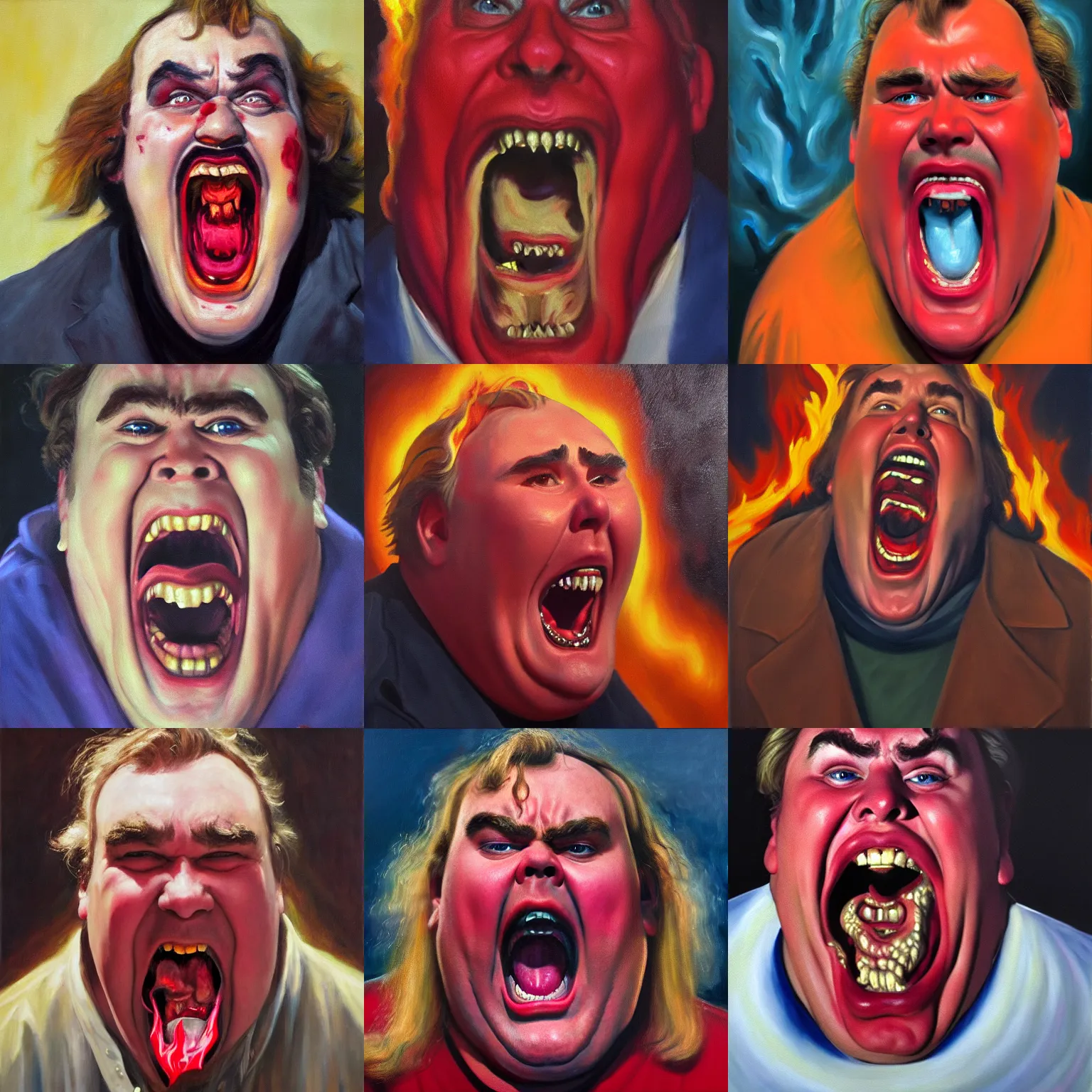 Prompt: portrait from hell, 3 john candy screaming in anguish, fire and brimstone, oil on canvas by sidney mount, trending on artstation