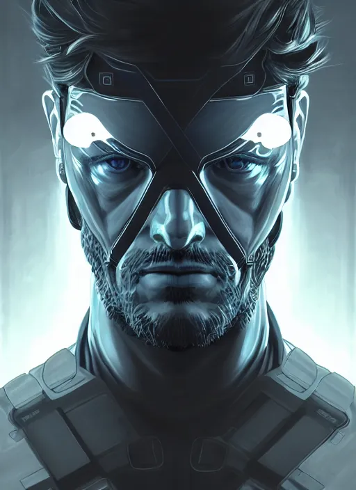 Image similar to symmetry!! portrait of solid snake, metal gear solid, tech wear, glowing lights!! intricate, elegant, highly detailed, digital painting, artstation, concept art, smooth, sharp focus, illustration, art by artgerm and greg rutkowski and alphonse mucha