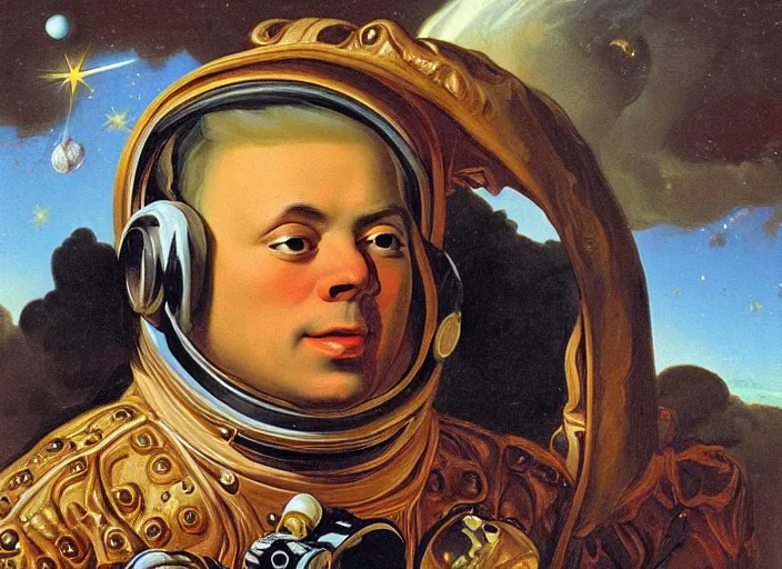 Prompt: rococo baroque rococo baroque portrait painting astronaut Greg Hildebrandt high detail ornate fancy cake