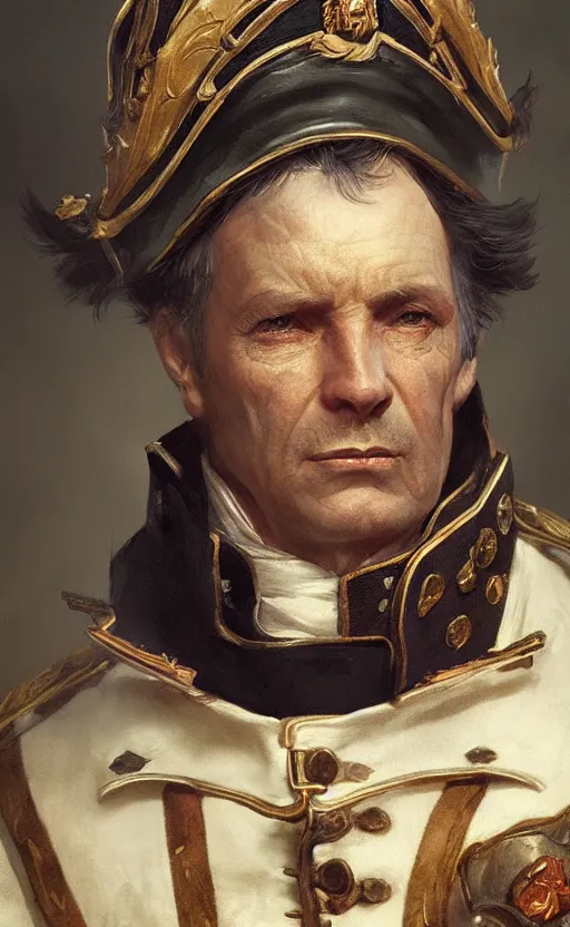 Prompt: Portrait of an old Napoleonic admiral, male, detailed face, fantasy, highly detailed, cinematic lighting, digital art painting by greg rutkowski