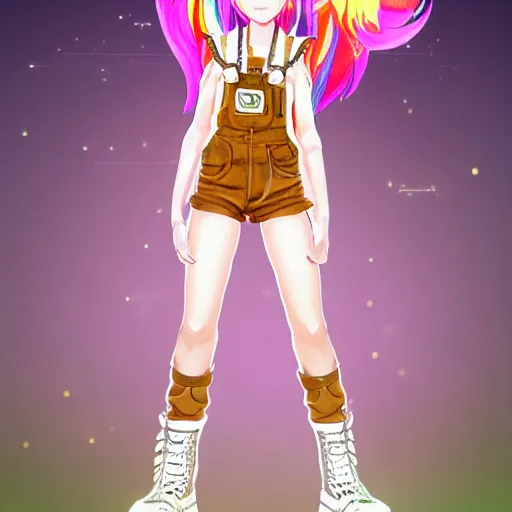 Image similar to full body pose, hd, manga anime portrait of a fairy girl in combat boots and overalls, rainbow hair, in ishikawa ken style, detailed trending award winning on flickr artstation,