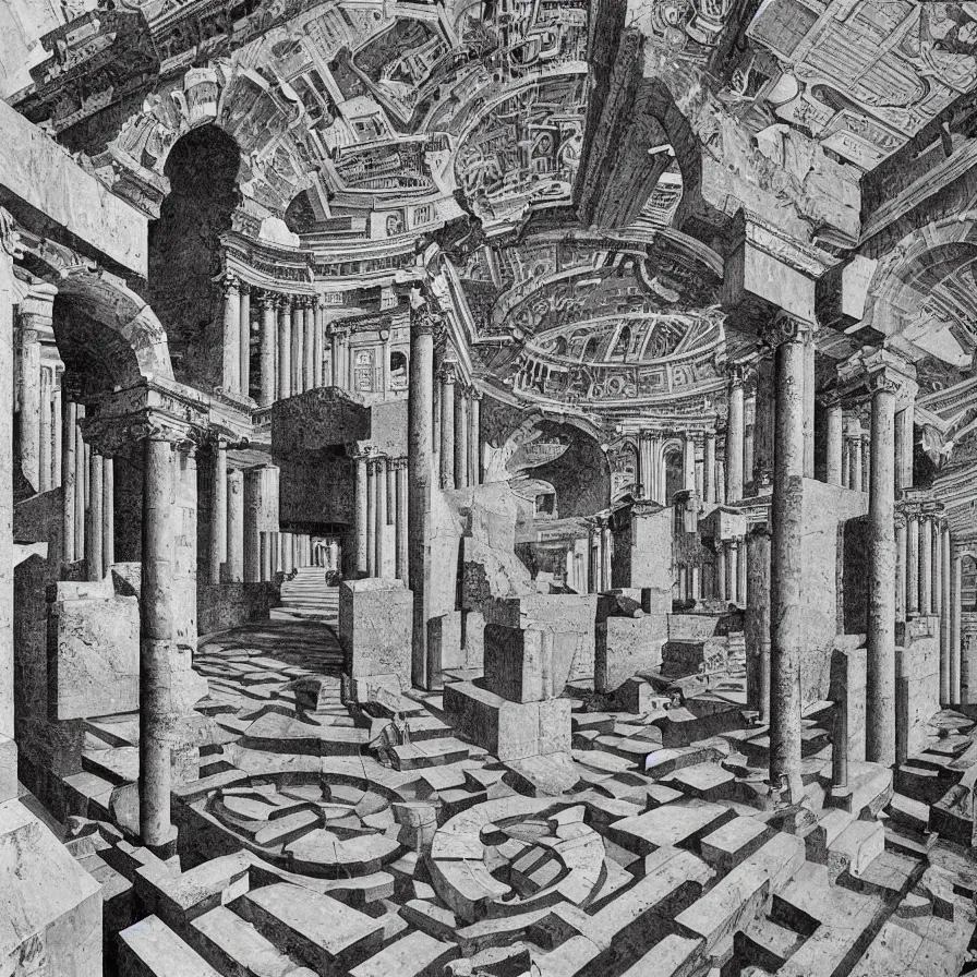 Prompt: trompe - l'oeil monochrome patterns about ancient rome by m. c. escher