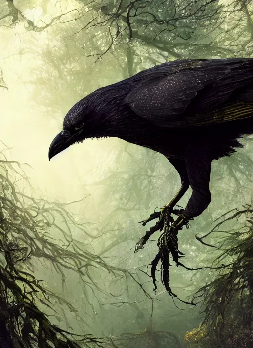 Image similar to glowing silver and golden elements, full close-up zoom portrait of realistic crow, book cover, green forest, white moon, establishing shot, extremly high detail, photo-realistic, cinematic lighting, by Yoshitaka Amano, Ruan Jia, Kentaro Miura, Artgerm, post processed, concept art, artstation, matte painting, style by eddie mendoza, raphael lacoste, alex ross