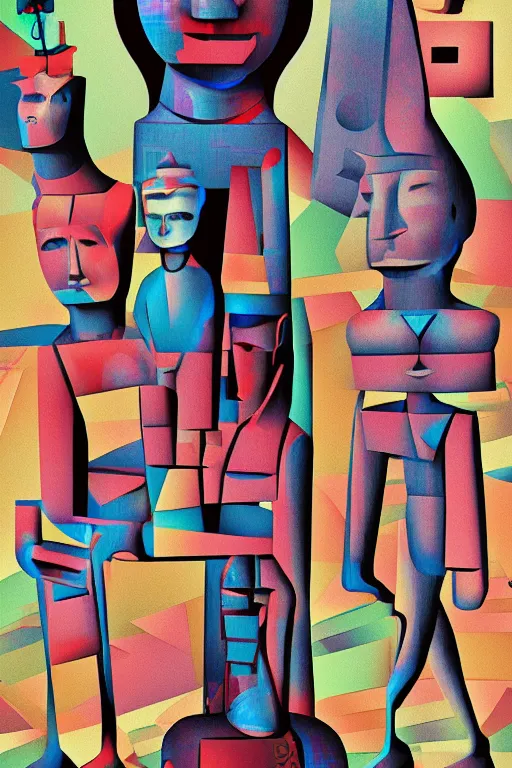 Image similar to cubist moai statue cutout digital illustration cartoon colorful beeple