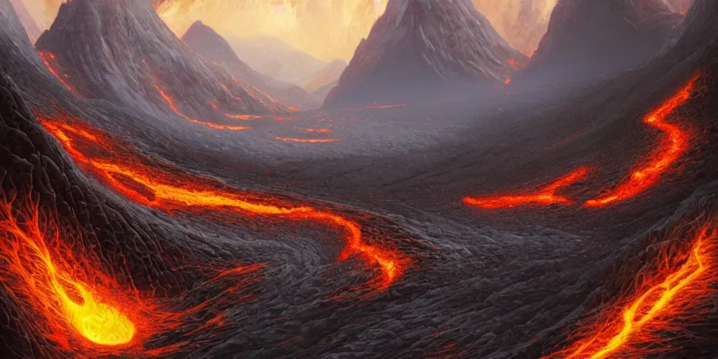 Image similar to a mountain range with a lava tiver flowing through it by akihito tsukushi, backlight, rim lighting, deep focus, d & d, fantasy, intricate, elegant, highly detailed, digital painting, artstation, concept art, matte, centered, sharp focus, illustration, hearthstone, art by artgerm, greg rutkowski and alphonse mucha