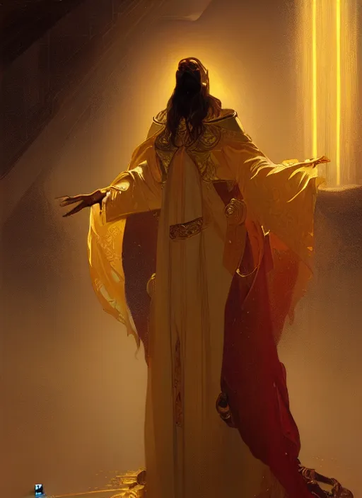 Image similar to a well endowed mage wearing gold robes, intricate concept art, ethereal, enchanted, ominous, dramatic lighting, illuminated lines, dark background, 8 k, by ruan jia and krenz cushart and alphonse mucha