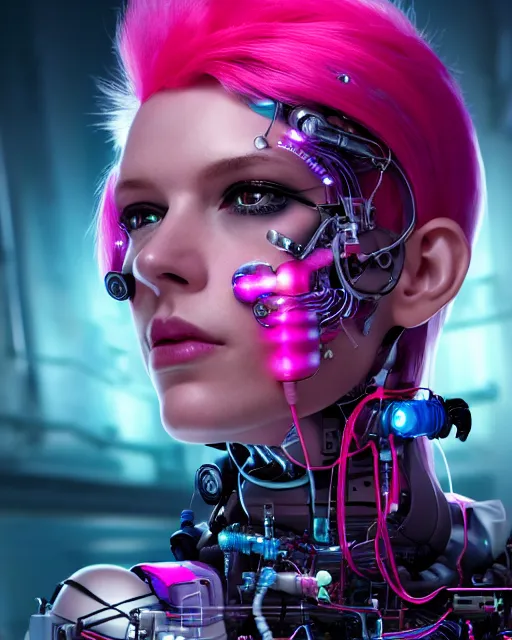 Image similar to portrait of a beautiful american woman with pink hair as a cyberpunk cyborg half robot, revealing wires and electronics, sci - fi, missing panels, intricate abstract upper body intricate artwork, concept art, octane render, deviantart, cinematic, key art, hyperrealism, iridescent accents, portrait photograph, nikon 3 5 mm, photograph by greg rutkowski