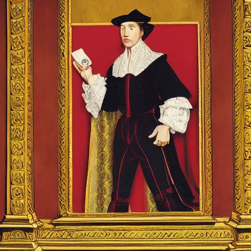 Image similar to a highly detailed portrait of phoenix wright, wearing elegant tudor clothes, inside a room with thick red tapestries, oil painting by hans holbein and alessandro allori and richard burbage