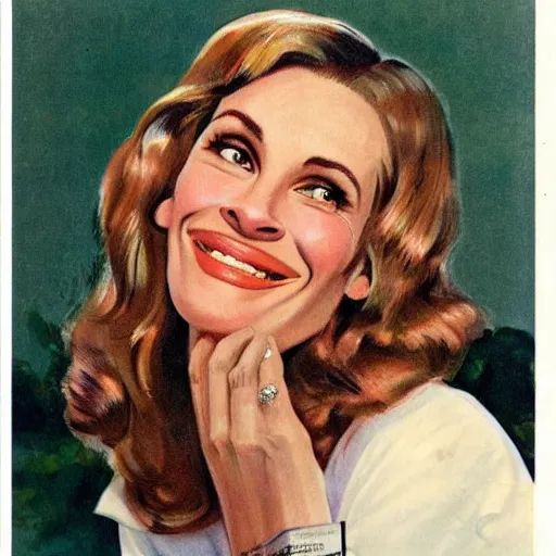 Prompt: “Julia Roberts portrait, color vintage magazine illustration 1950”