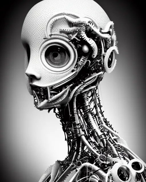 Image similar to black and white dreamy foggy smoky profile face portrait, one silver steampunk eye biomechanical beautiful young female cyclope - cyborg - robot bust, body ribs meshes,, volumetric light, hibiscus flowers, by hg giger, rim light, by dora maar and cecile beaton, big gothic fashion pearl embroidered collar, 8 k