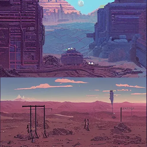 Prompt: an epic hyperdetailed matte painting of a retro vintage sci fi landscape by moebius and simon stalenhag and geoff darrow and dan mumford