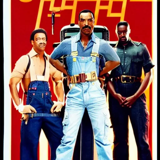 Prompt: a 8 0's action movie poster starring eddie murphy as a plumber for rich people. he's in a large bathroom. overalls. tool belt. plunger. the movie is titled beverly hills crap