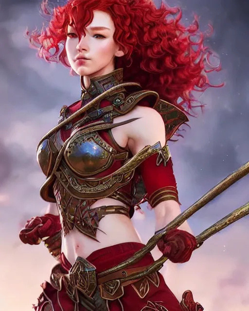 Image similar to ranger, intricate fantasy outfit!!! beautiful and athletic red curly hair female elf!! gorgeous face and eyes!! character concept art, sharp focus, octane render! unreal engine 5! highly rendered!! trending on artstation!! detailed linework!! illustration by artgerm, wlop, and chie yoshii