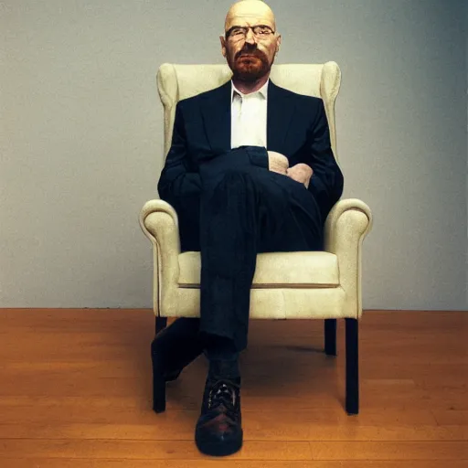 Prompt: walter white face sitting on chair photo by annie leibovitz 8 0 mm lens bokeh