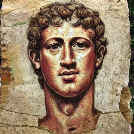 Prompt: photo of an ancient roman fresco on a wall in an ancient villa : mark zuckerberg as a roman noble senator. dressed in a toga. serious facial expressiondetailed, intricate artwork. well - preserved but faded